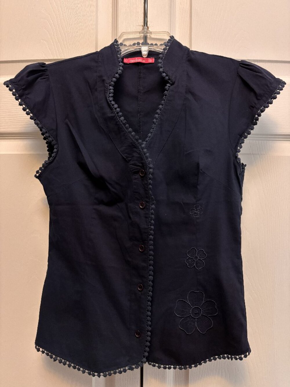 Maniwela Navy Button Front Blouse Large Pom Trim Floral Detail